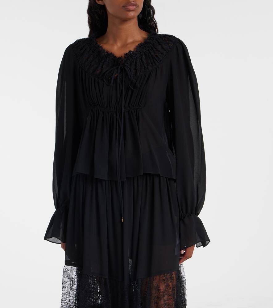 Chloé Gathered Lace-trimmed Silk Georgette Blouse In Black
