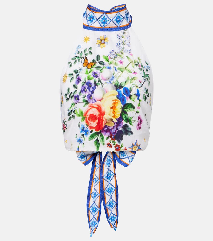 Embellished halterneck linen top