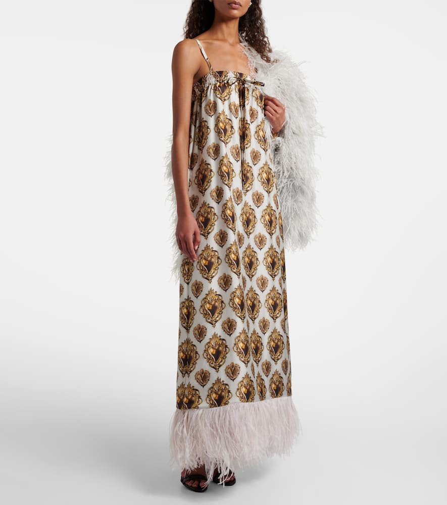 Dolce & Gabbana Feather-trimmed Printed Silk Maxi Dress In White