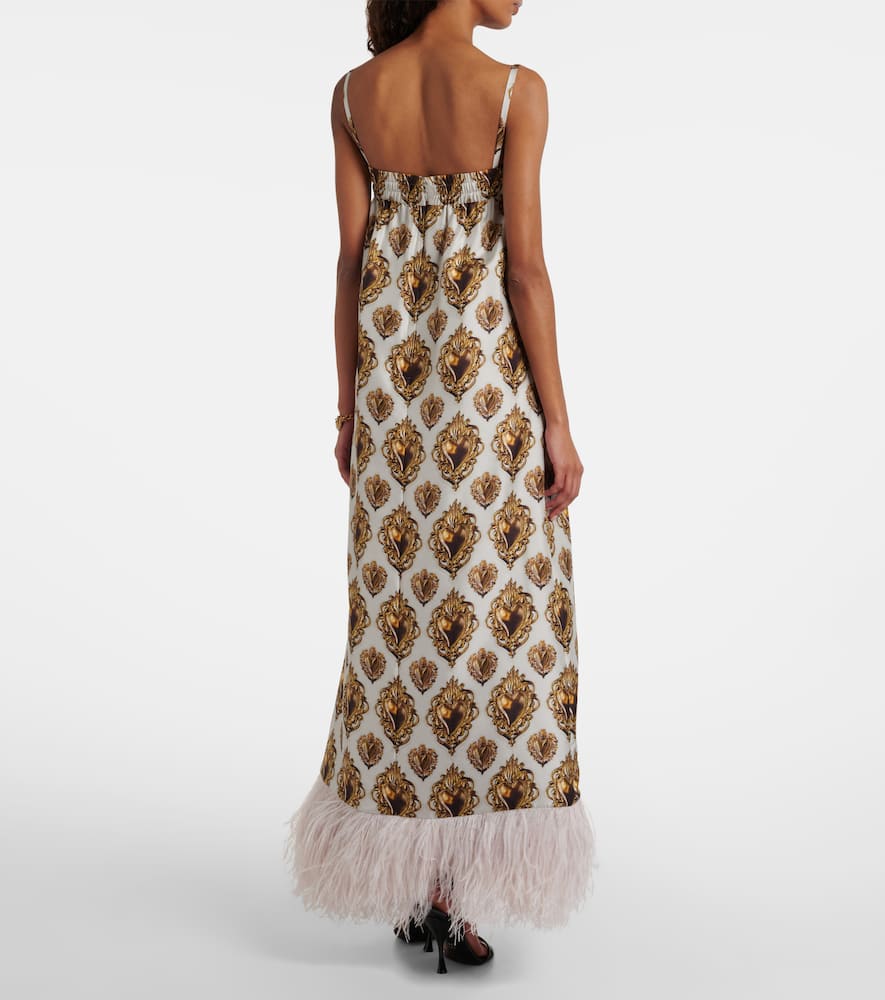 Dolce & Gabbana Feather-trimmed Printed Silk Maxi Dress In White