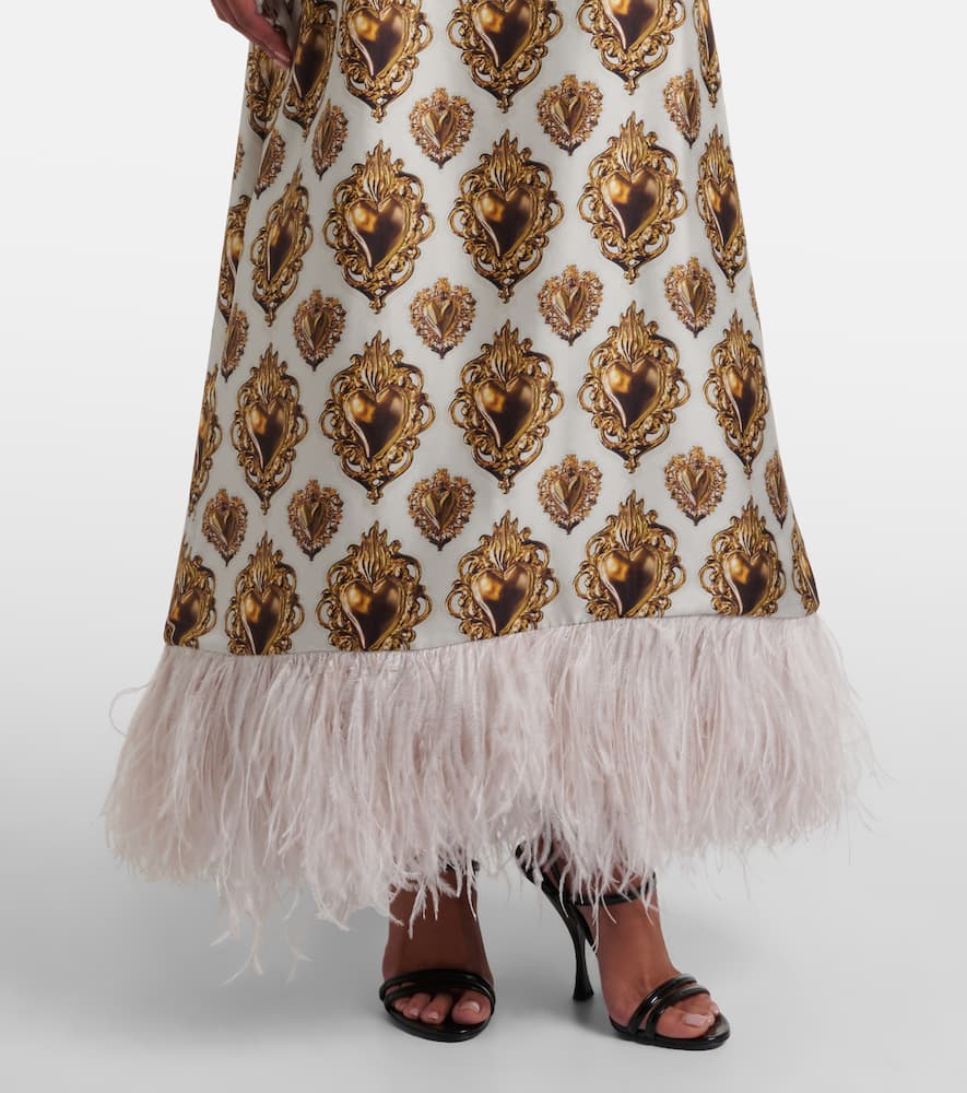 Dolce & Gabbana Feather-trimmed Printed Silk Maxi Dress In White