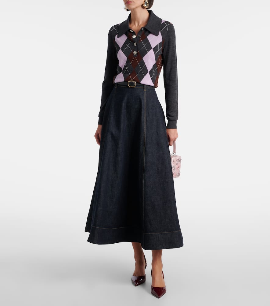 Self-portrait High-rise Denim Midi Skirt In Blue