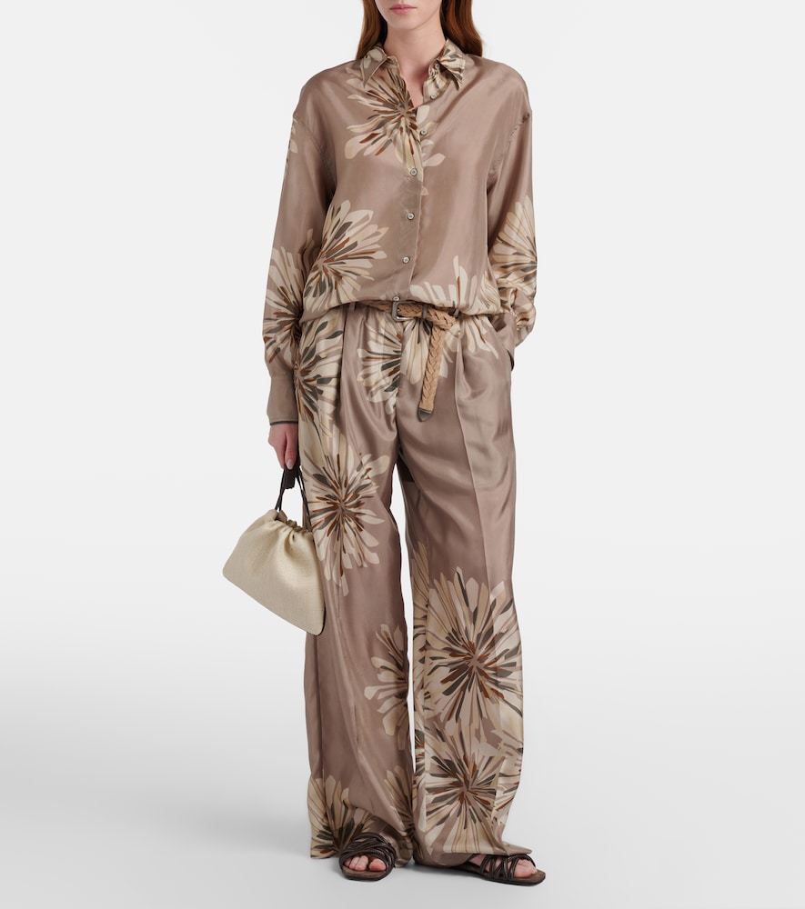 Brunello Cucinelli Floral silk pongee wide-leg pants
