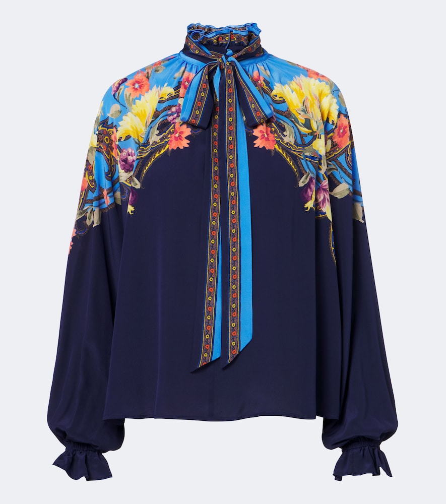 Etro Women's Blue Floral Tie-Neck Silk Habotai Blouse UK Size 8 - Mytheresa
