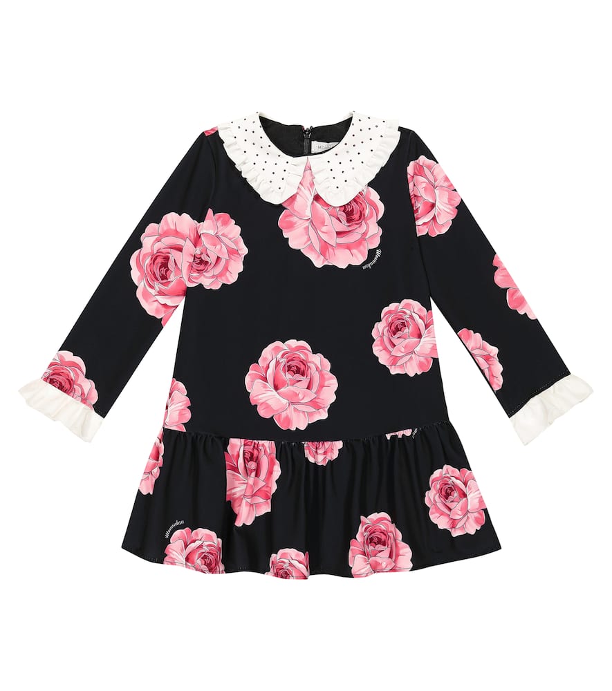 Monnalisa Kids' Floral Printed Cady Dress In Nero