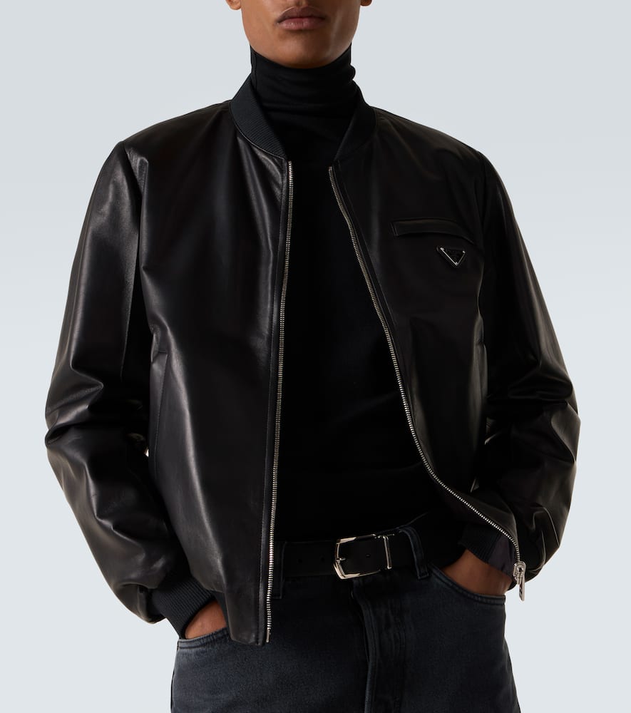 Prada Leather Bomber Jacket In Black