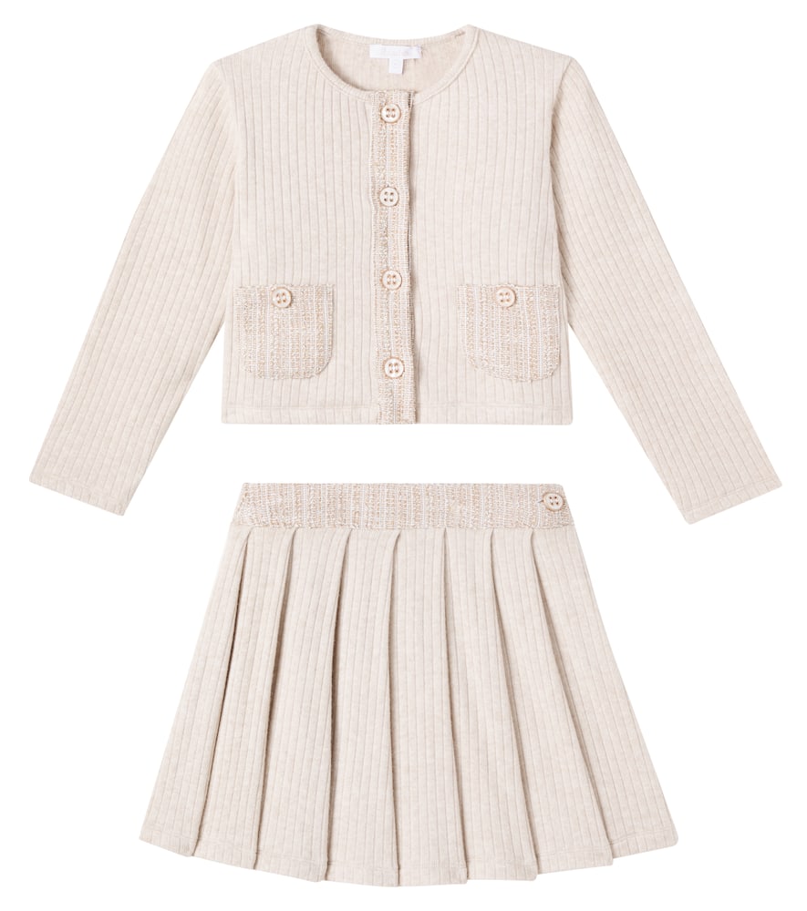 Patachou Ribbed-knit Cardigan And Skirt Set In Neutral