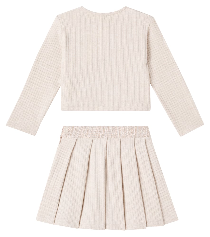 Patachou Ribbed-knit Cardigan And Skirt Set In Neutral