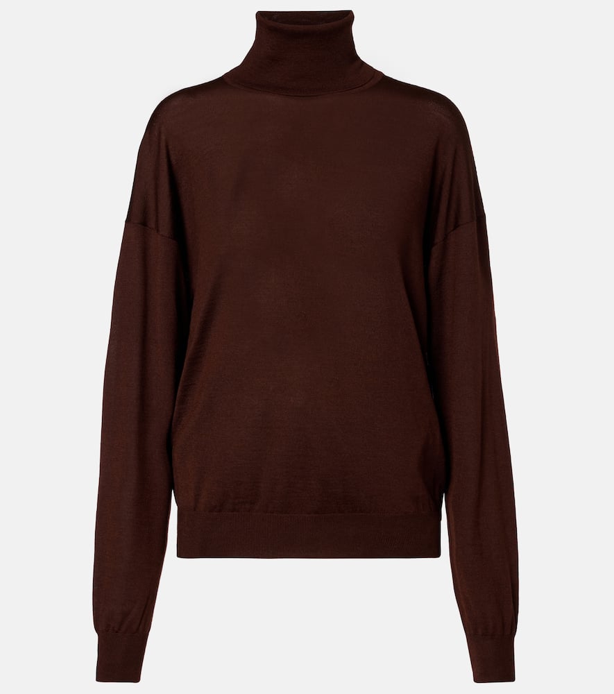 Saint Laurent Wool, Cashmere, And Silk Turtleneck Sweater In Brown