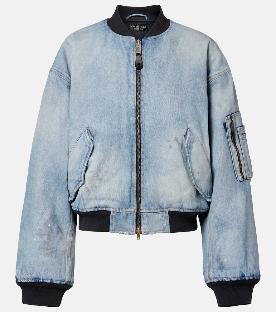 Balenciaga Cropped Denim Bomber Jacket In Blue