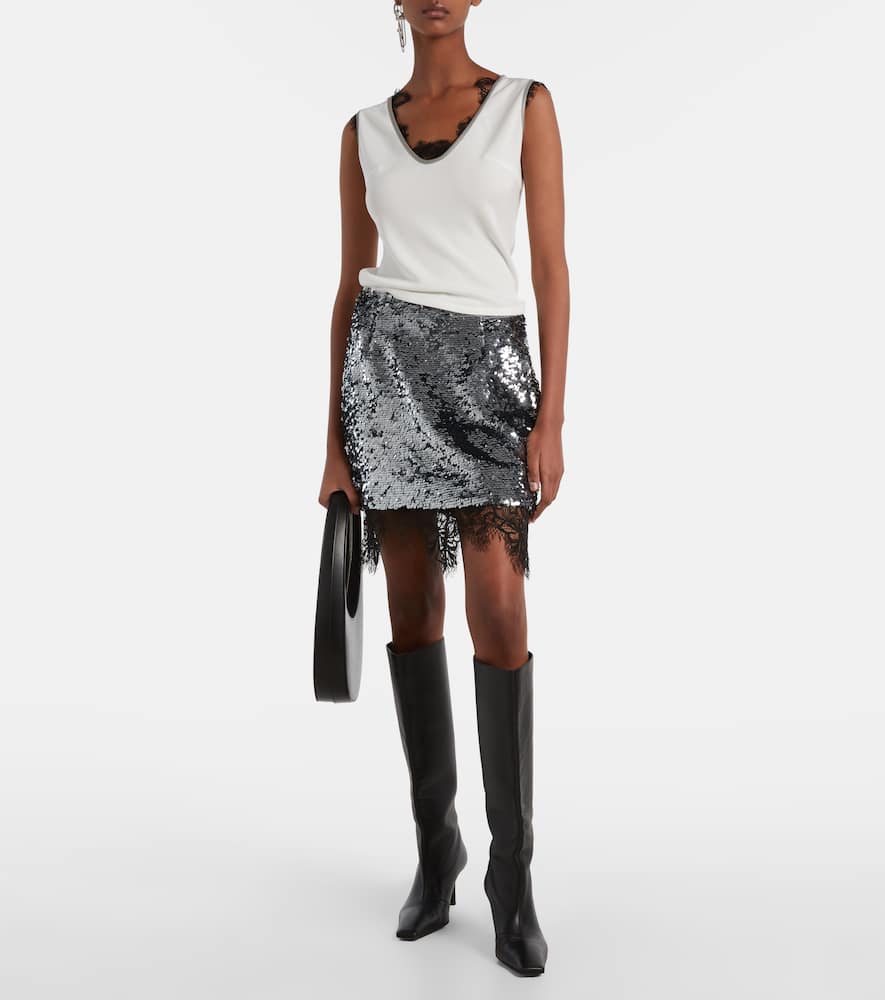 Jacques Wei Lace-trimmed Sequined Miniskirt In Silver