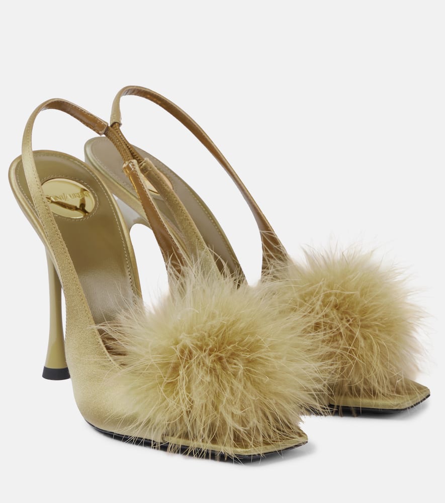 Saint Laurent Paradis 110 Feather-trimmed Satin Sandals In Beige