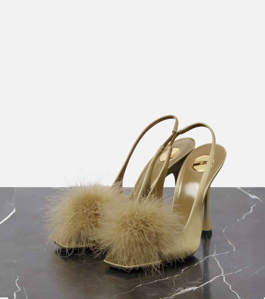 Saint Laurent Paradis 110 Feather-trimmed Satin Sandals In Beige