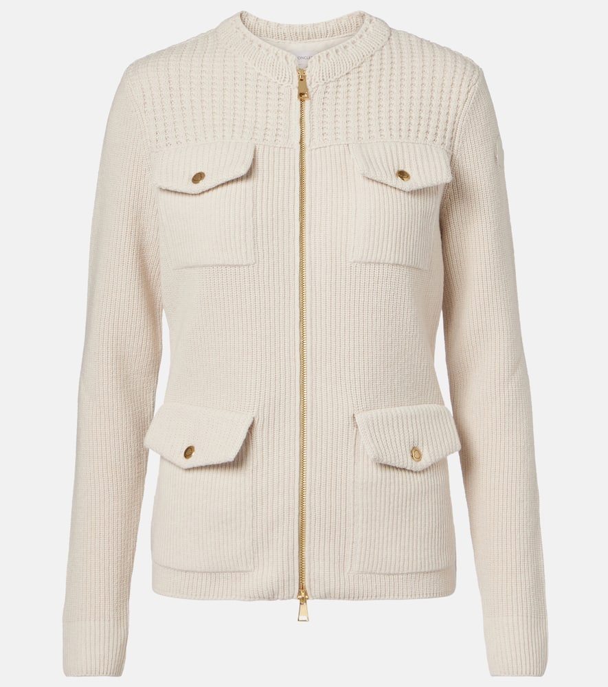 Moncler Logo Ribbed Wool And Shell Cardigan In Neutral