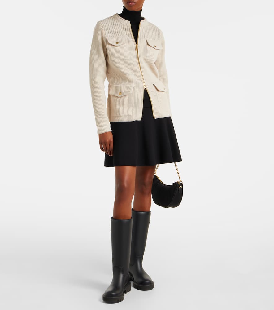 Moncler Logo Ribbed Wool And Shell Cardigan In Neutral