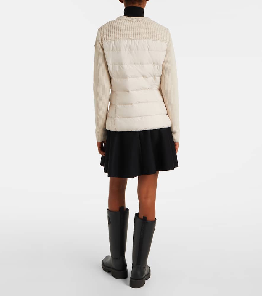 Moncler Logo Ribbed Wool And Shell Cardigan In Neutral
