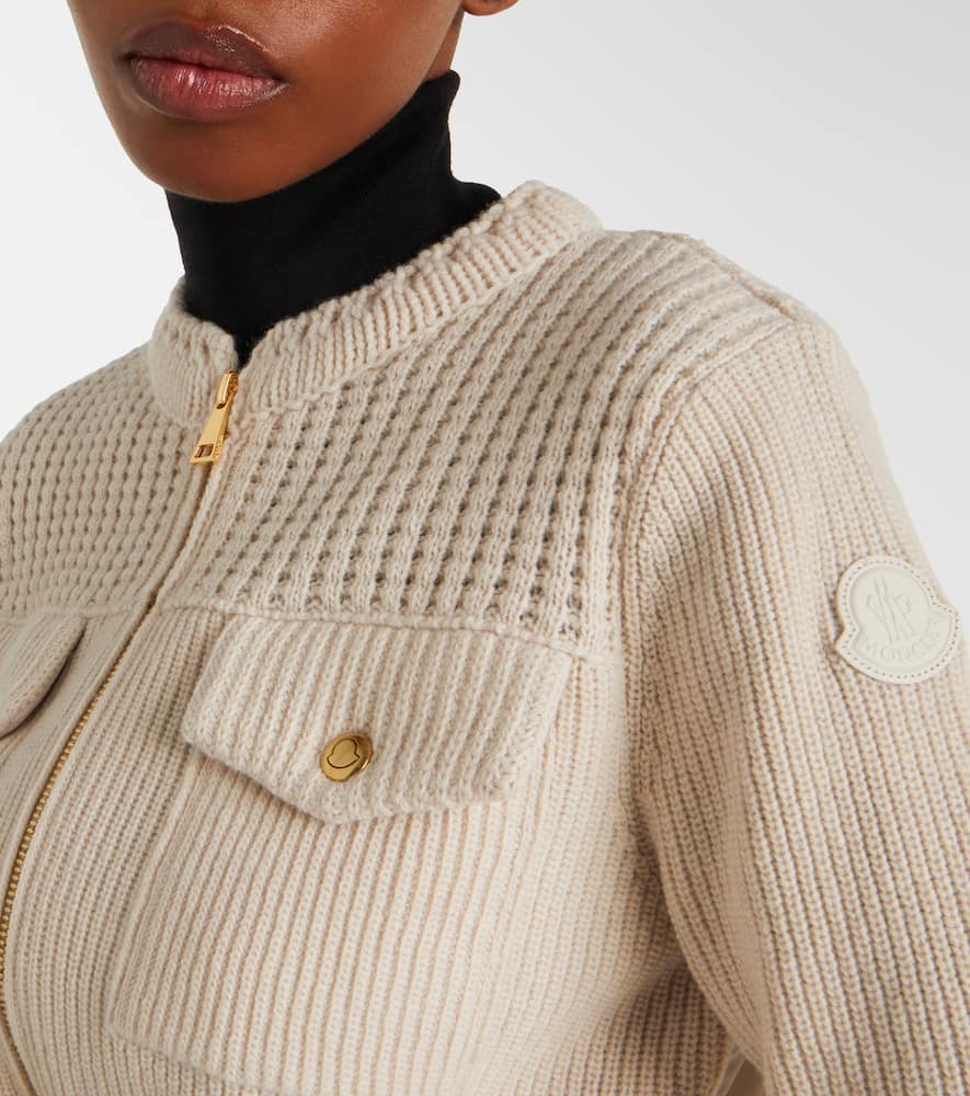 Moncler Logo Ribbed Wool And Shell Cardigan In Neutral