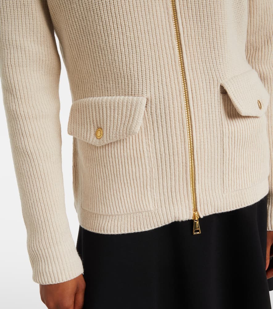 Moncler Logo Ribbed Wool And Shell Cardigan In Neutral