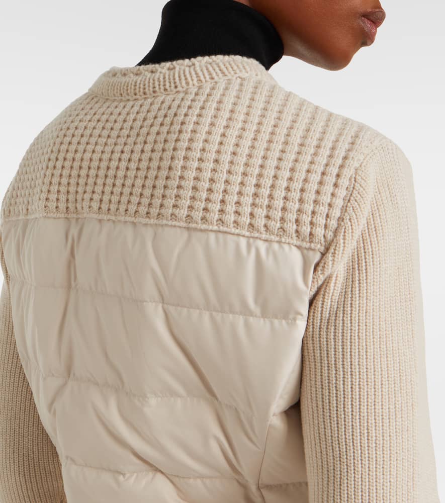 Moncler Logo Ribbed Wool And Shell Cardigan In Neutral