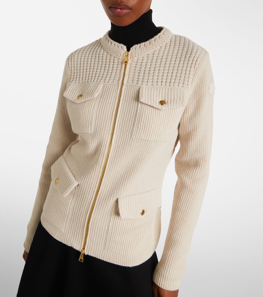 Moncler Logo Ribbed Wool And Shell Cardigan In Neutral