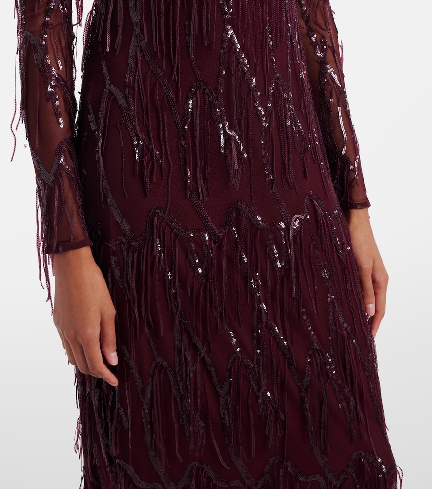 Rotate Birger Christensen Fringed Sequined Mesh Gown In Burgundy