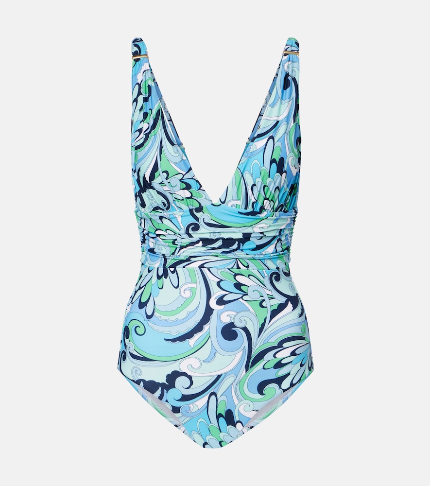Melissa Odabash Panarea Printed Ruched Swimsuit In Blue