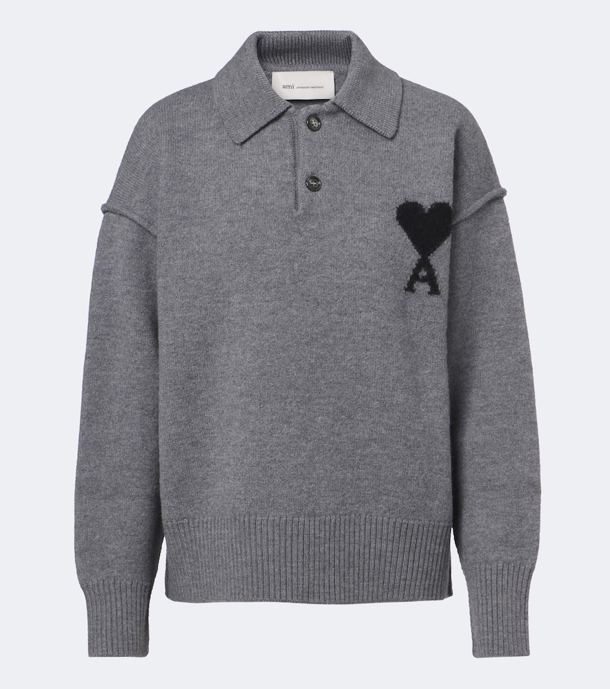 Ami Alexandre Mattiussi Ami De Coeur Wool Polo Sweater In Grey