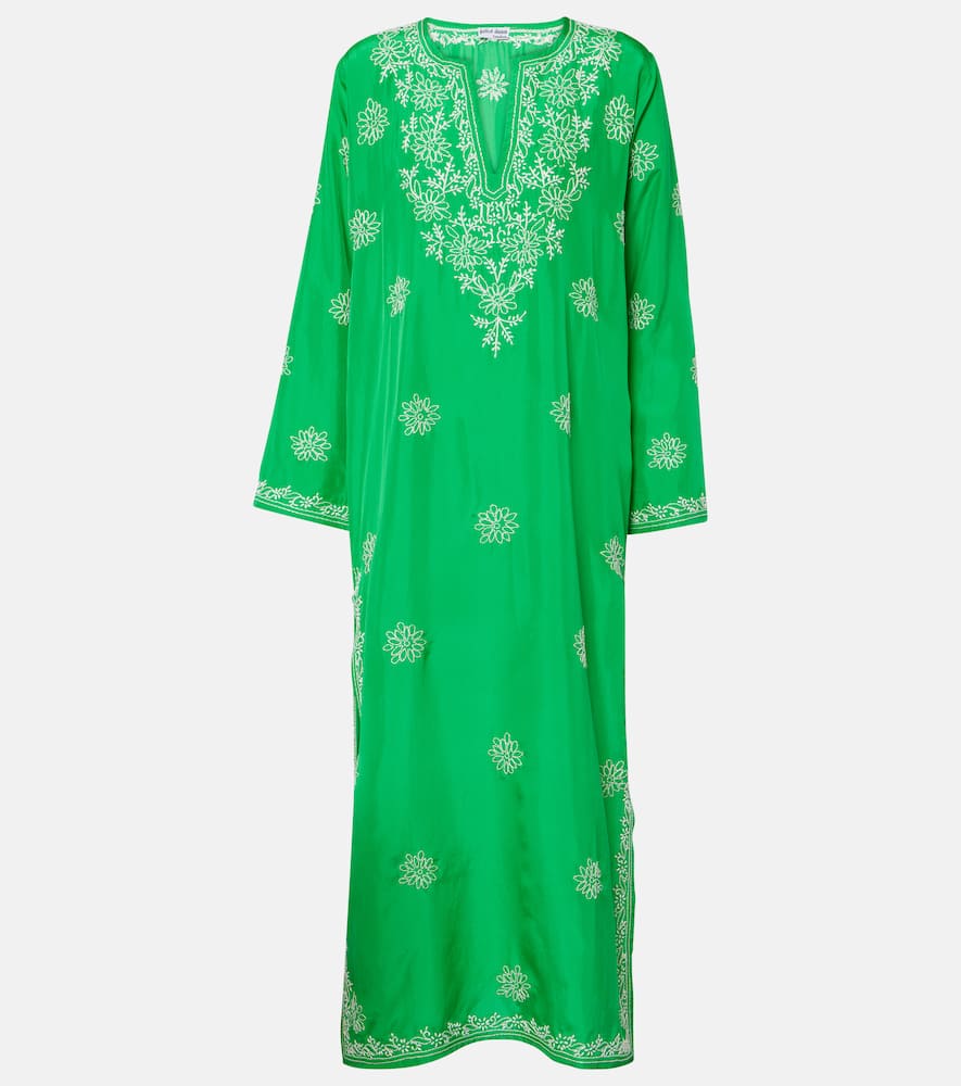 Shop Juliet Dunn Embroidered Silk Kaftan In Green