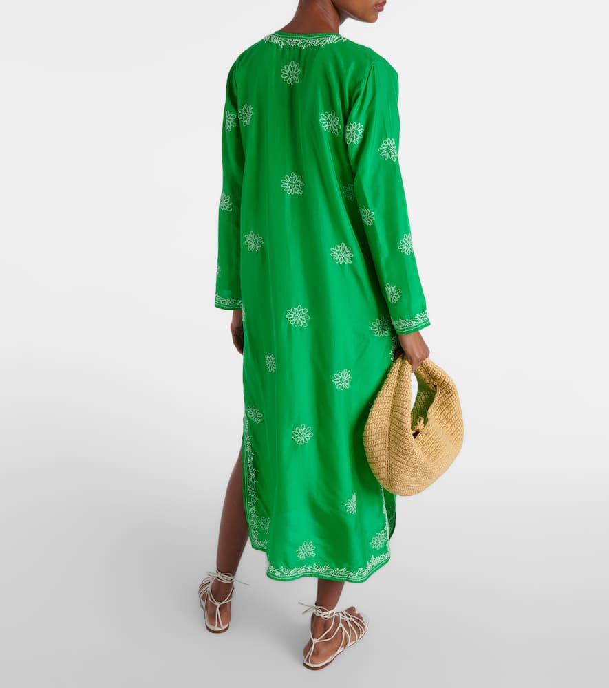 Shop Juliet Dunn Embroidered Silk Kaftan In Green