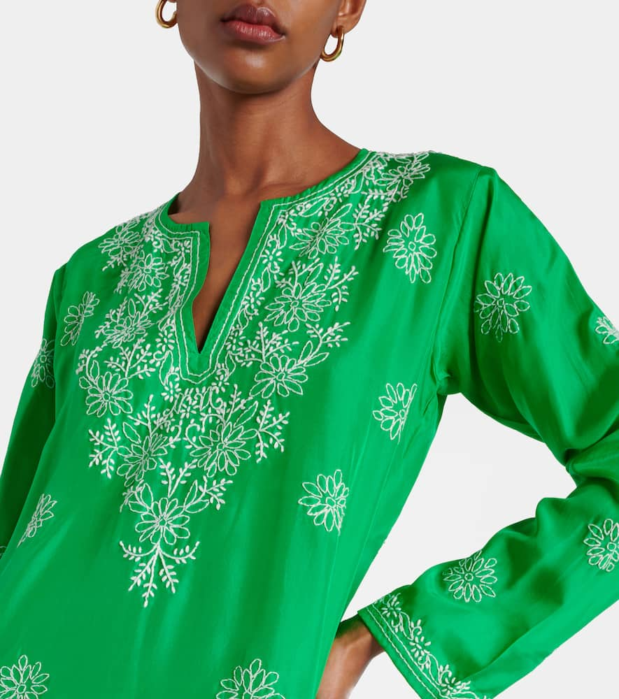 Shop Juliet Dunn Embroidered Silk Kaftan In Green