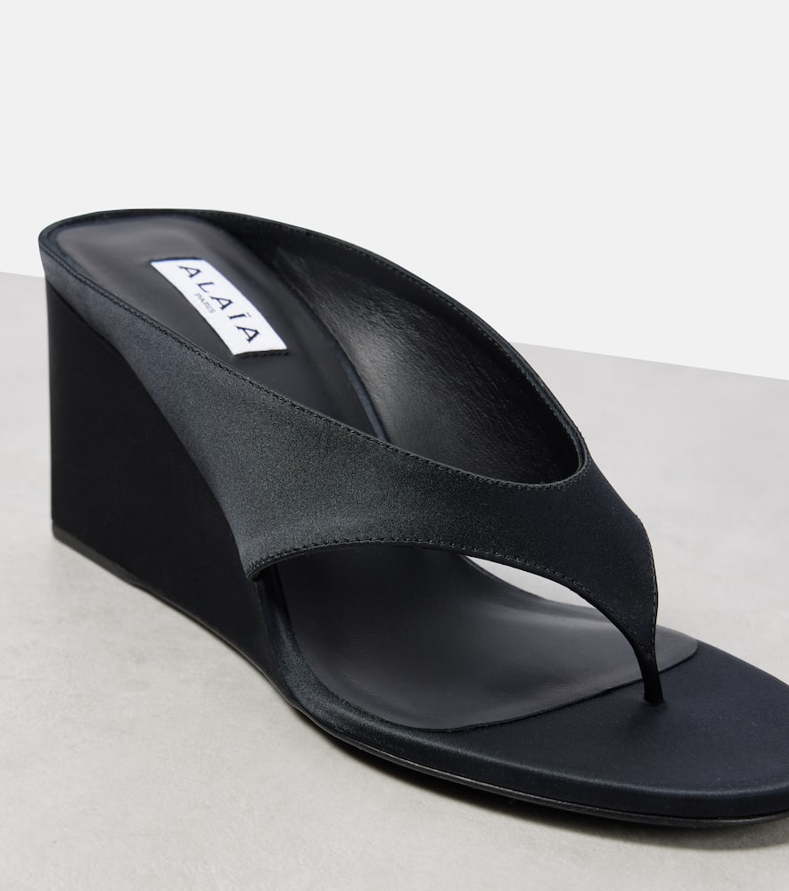 Shop Alaïa Cube 75 Satin Wedge Thong Sandals In Black