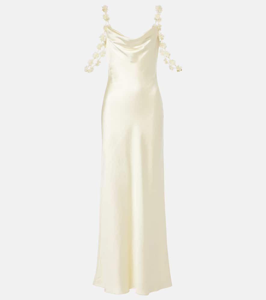 Floral-appliqué satin maxi dress