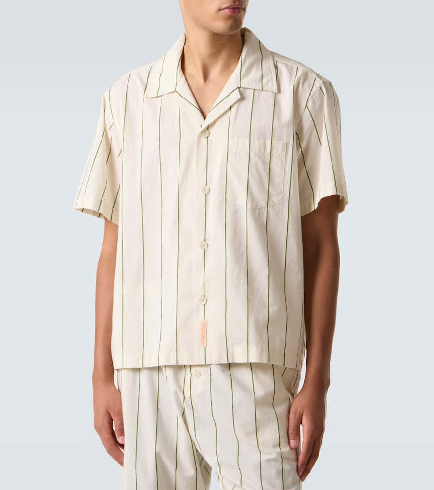 Bode Celery Stripe Short Sleeve Cotton Button-up Shirt In White