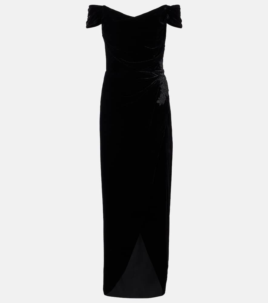 Costarellos Embellished Off-shoulder Velvet Gown In Black