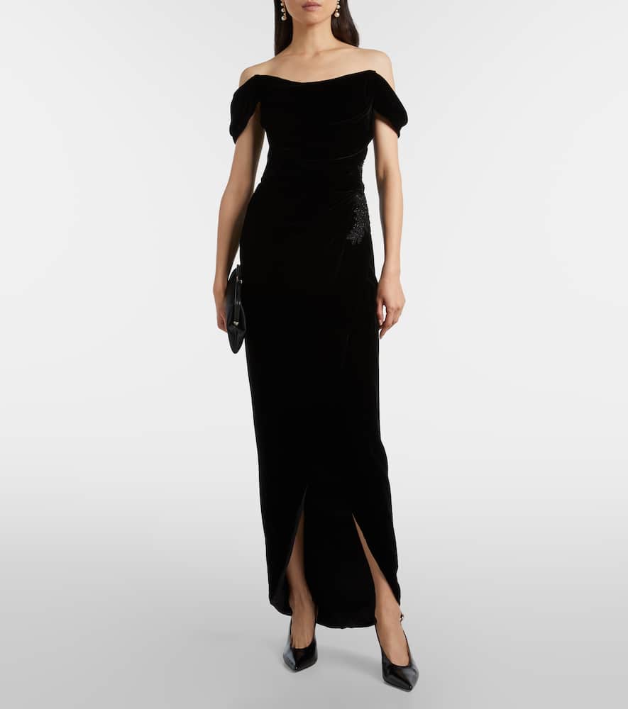 Costarellos Embellished Off-shoulder Velvet Gown In Black