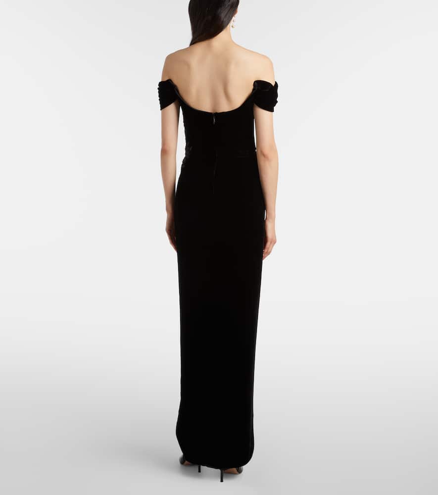 Costarellos Embellished Off-shoulder Velvet Gown In Black