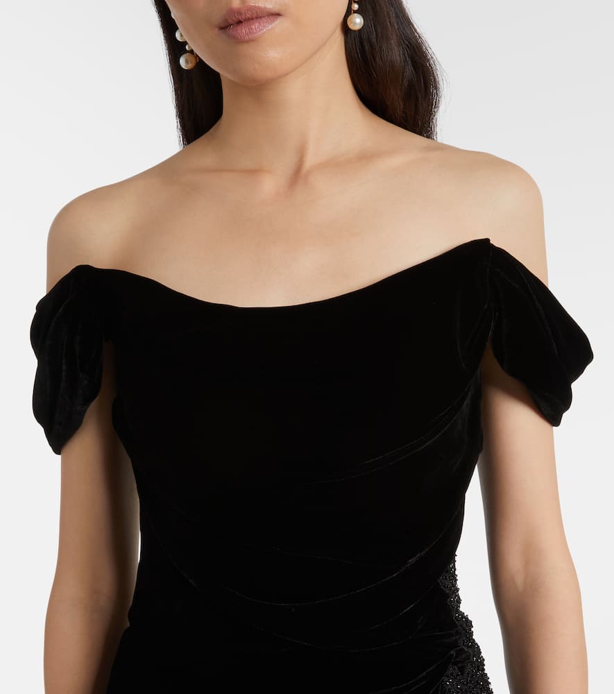 Costarellos Embellished Off-shoulder Velvet Gown In Black