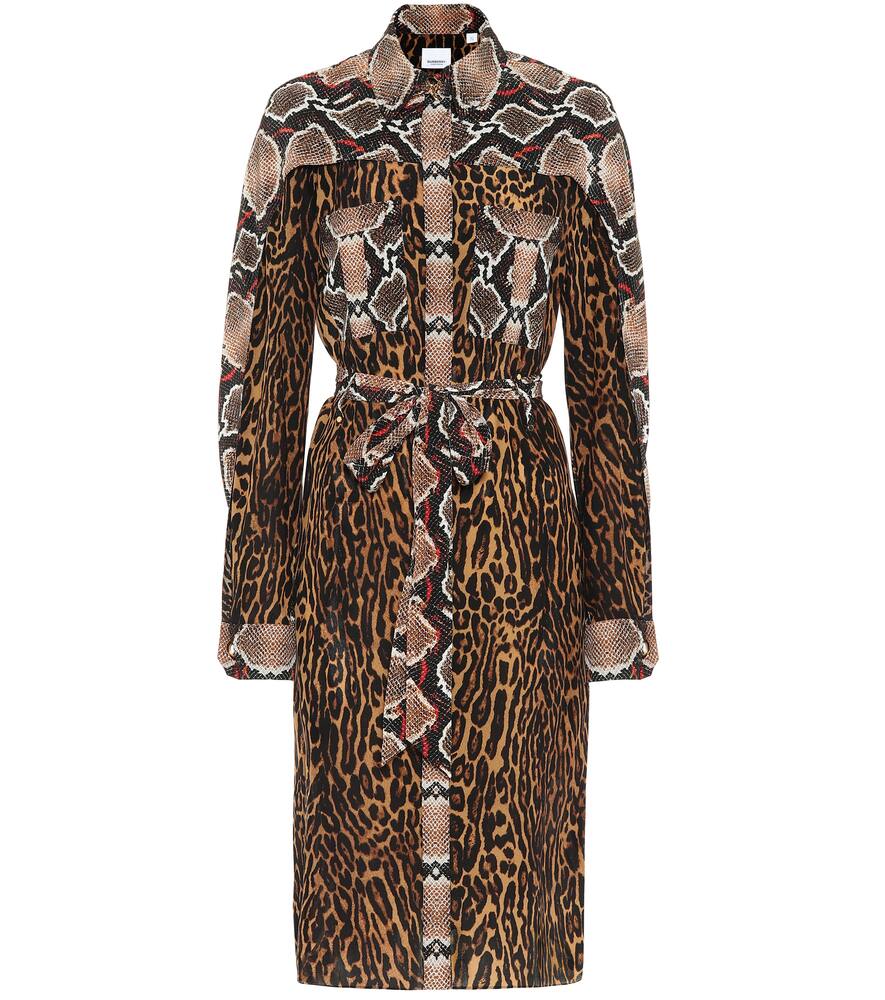 Burberry Costanza Cape Sleeve Leopard Snake Print Silk Shirtdress In Brown Modesens