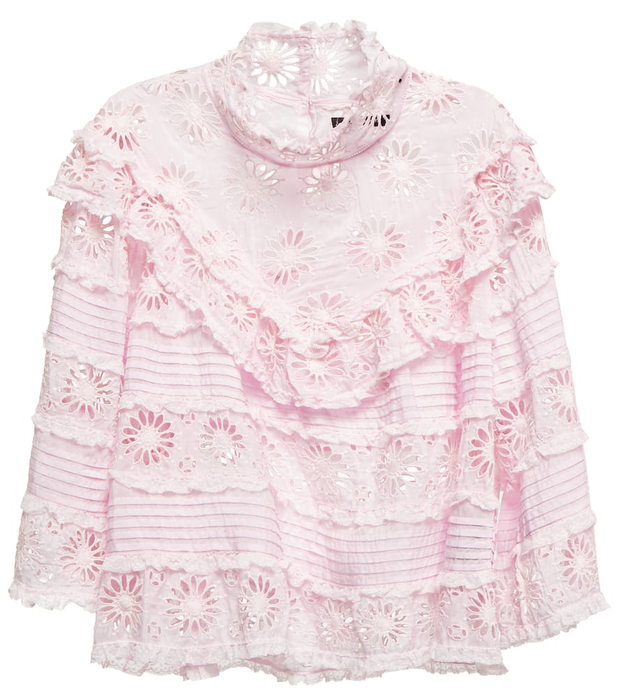 Isabel Marant Dawson Ruffled Lace-trimmed Broderie Anglaise Cotton And Silk-blend Blouse In Light Pink