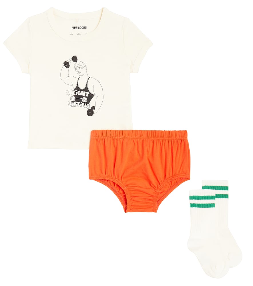 Mini Rodini Baby Weight Lifting Top, Pants, And Socks Set In Multicoloured