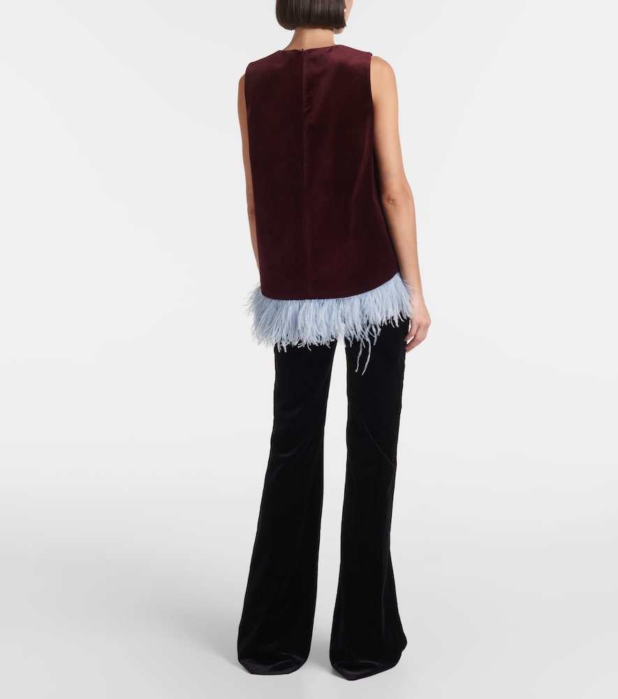 La Scala Feather-Trimmed Cotton Velvet Top