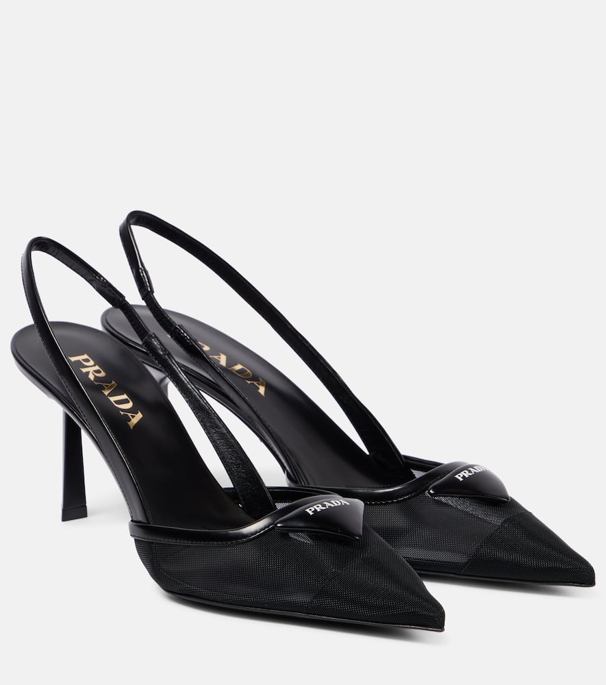 Prada 75 Logo Leather-trimmed Slingback Pumps In Black