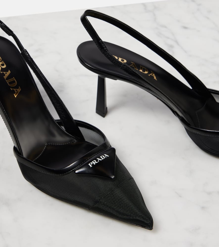 Prada 75 Logo Leather-trimmed Slingback Pumps In Black