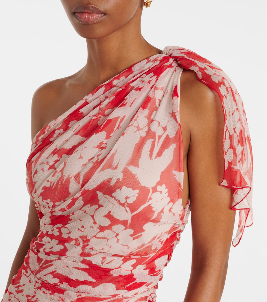 Victoria Beckham Floral Print One-shoulder Draped Midi Dress In Chilli / Blush