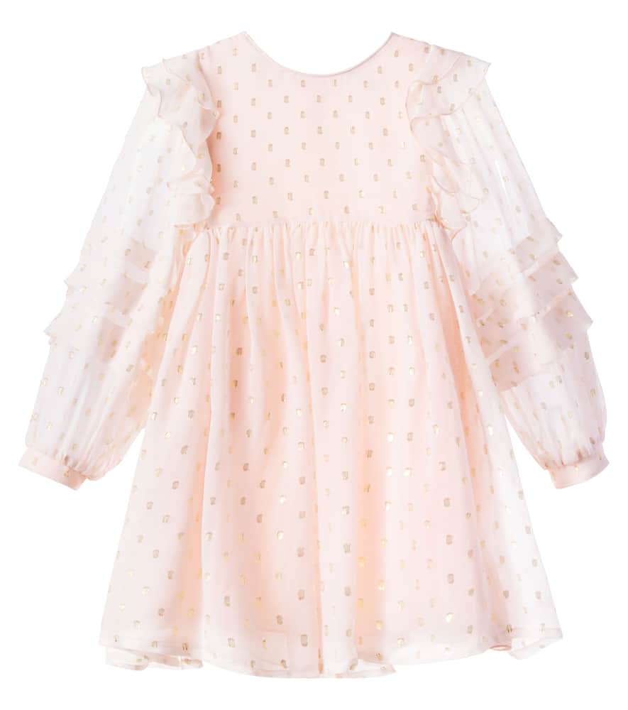 Chloé Kids Polka-dot Ruffled Silk-blend Dress In Pink