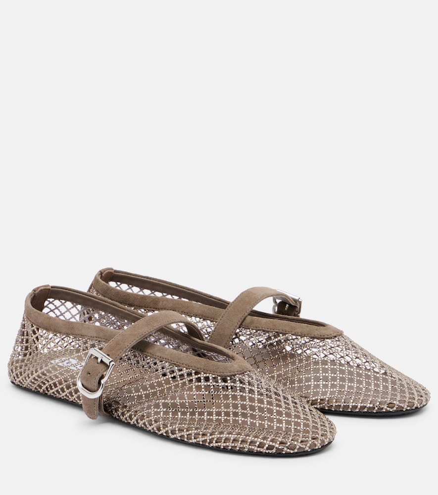 Alaïa Embellished Suede-trimmed Fishnet Ballet Flats In Silver