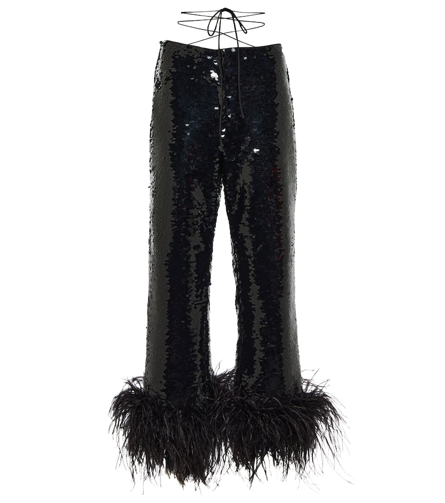 Feather-trimmed sequined straight pants