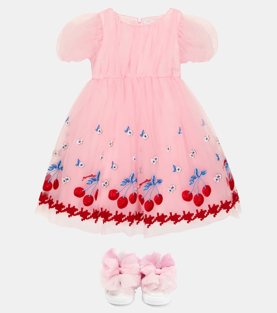 Monnalisa Embroidered Tulle Dress In Rosa Antico