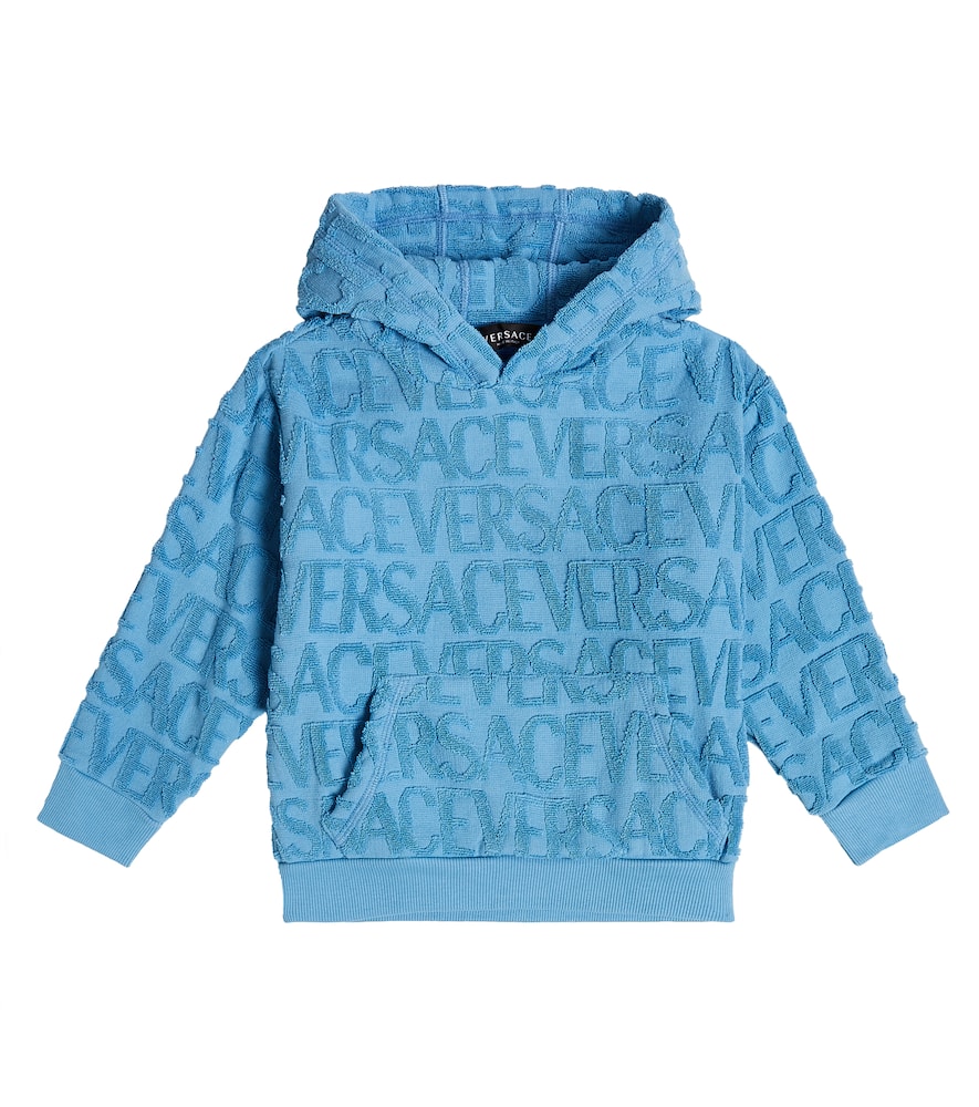 Shop Versace Logo Jacquard Cotton Hoodie In Blue