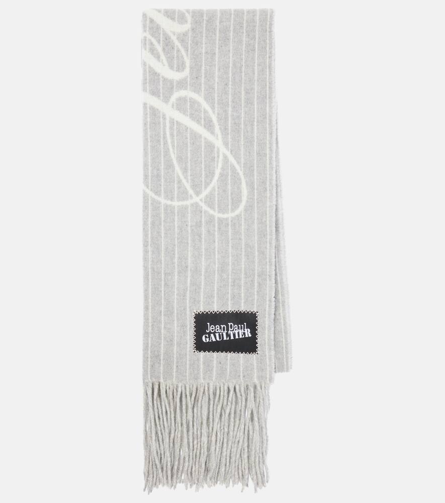 Jean Paul Gaultier Logo pinstripe fringed wool-blend scarf